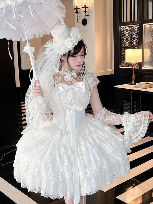 White Tiered Lace Square Neckline Shiro Dress with Bow Accents