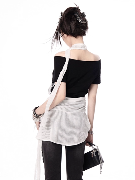 Y2K Black and White Letter Print Two-pieces Halter T-shirt