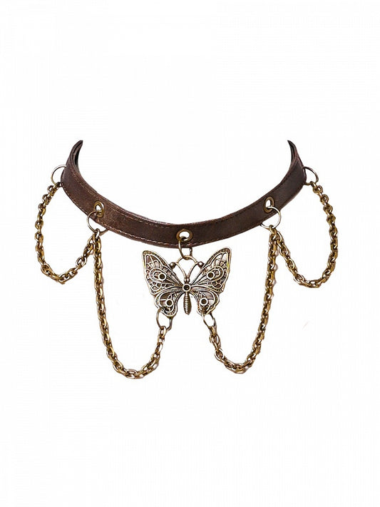 Chains Decorated Light Brown Wasteland Punk PU Butterfly Choker