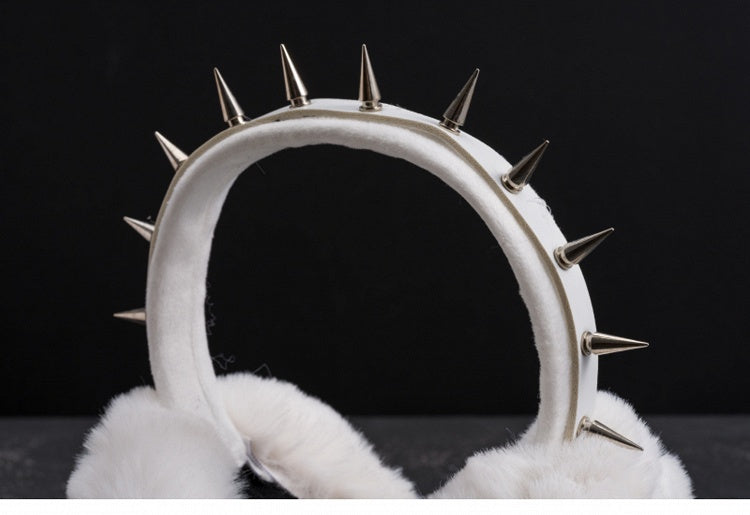White Handmade PU Studded Plush Earmuffs