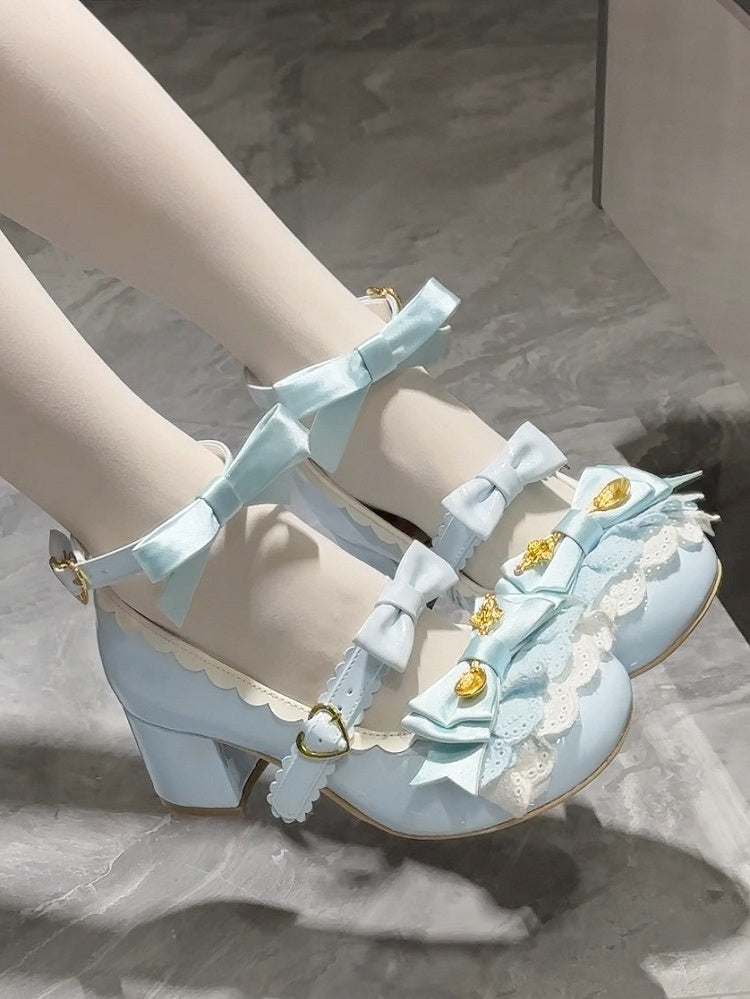 Blue Spoon Decorated Bowknot Details Sweet Lolita High Block Heels