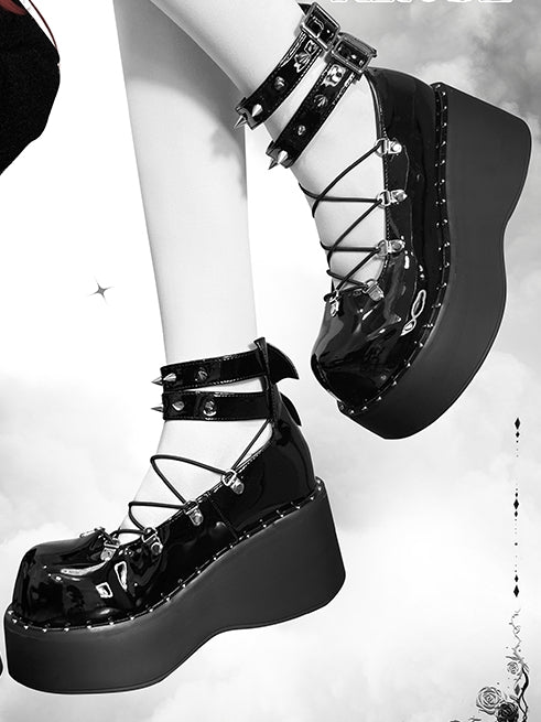 Front Lace-up Spike Stud Detailing Polished Black Punk Lolita Platforms