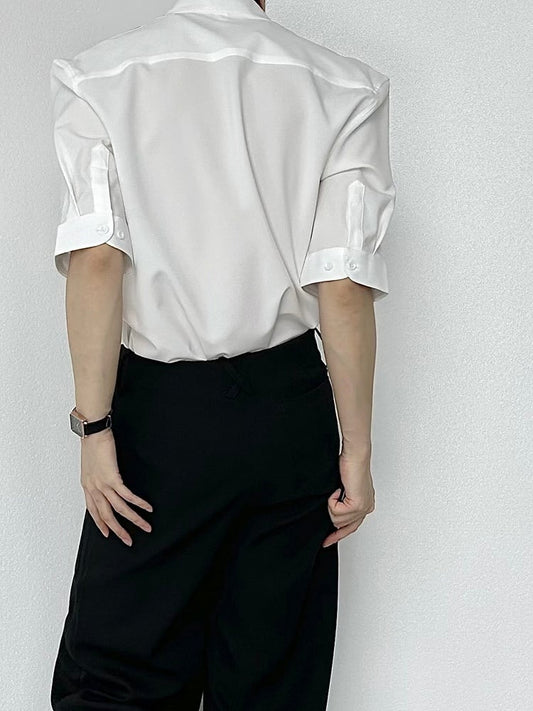 Ouji Lolita White Unisex Short Sleeve Shirt with Mandarin Collar & Button-Down Front