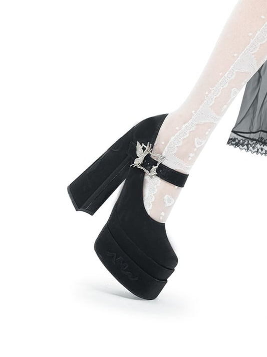 Bowknot Embroidery Butterfly-shaped Buckle Black Platform Mary Janes High Block Heels