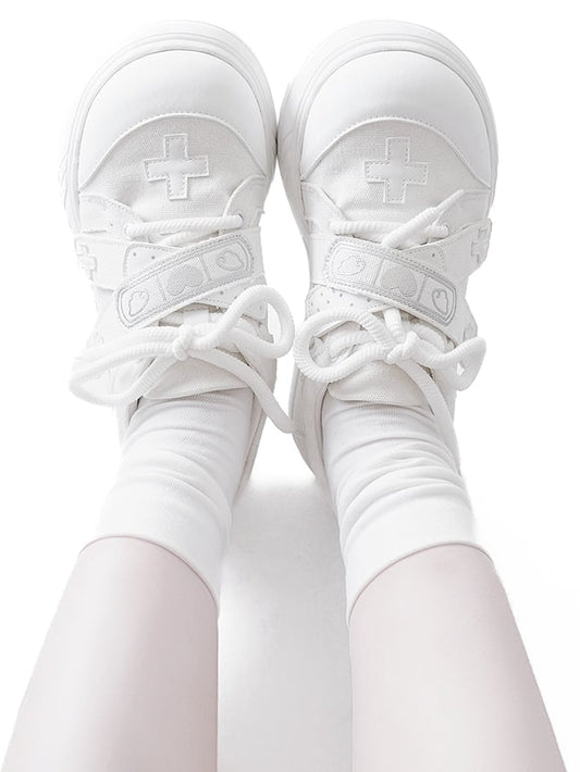 White Yami Kawaii Cross Applique Crisscross Velcro Strap Closures Platform Sneakers