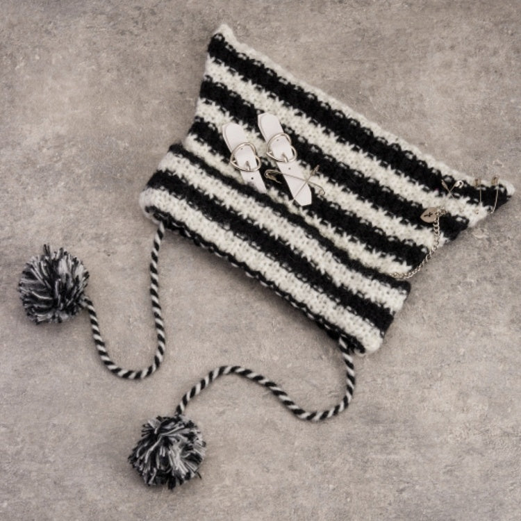 Heart Buckles Gothic Black and White Striped Knitted Hat with Chain