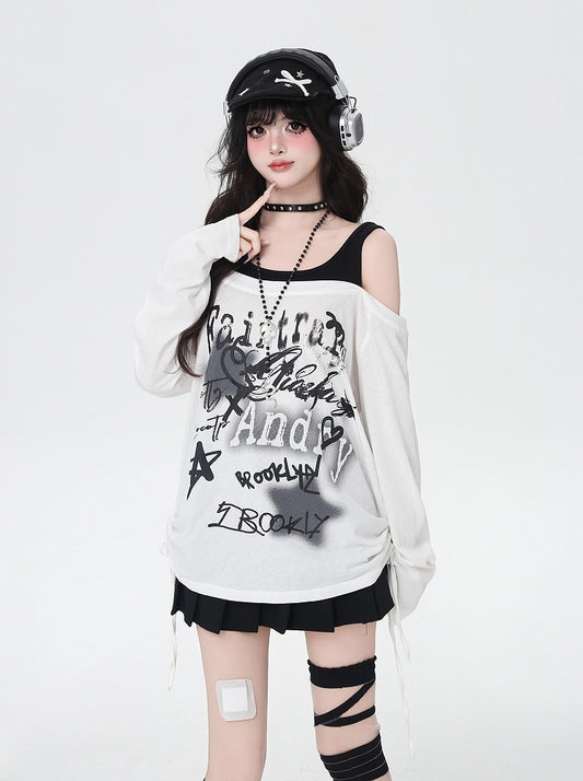 Y2K Star Print Open Shoulder Black/White Top Faux Two-pieces