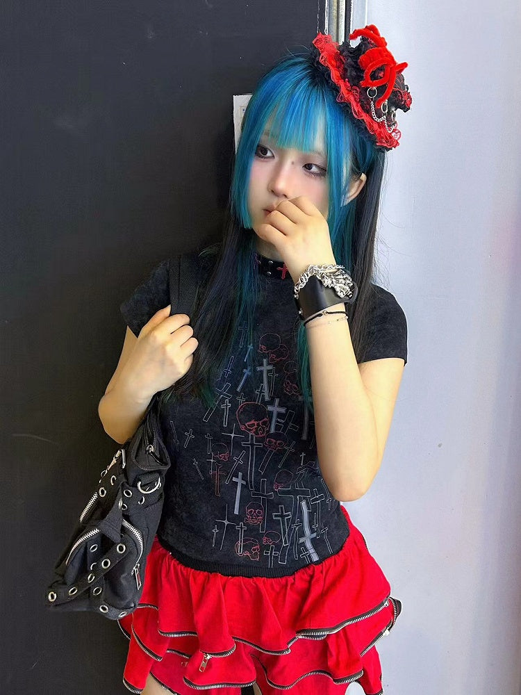 Black/White Skeleton and Cross Pattern Top