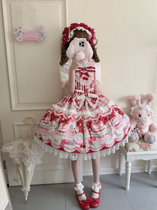 Bunny and Cherry Print Red Sweet Lolita Dress Jumper Skirt