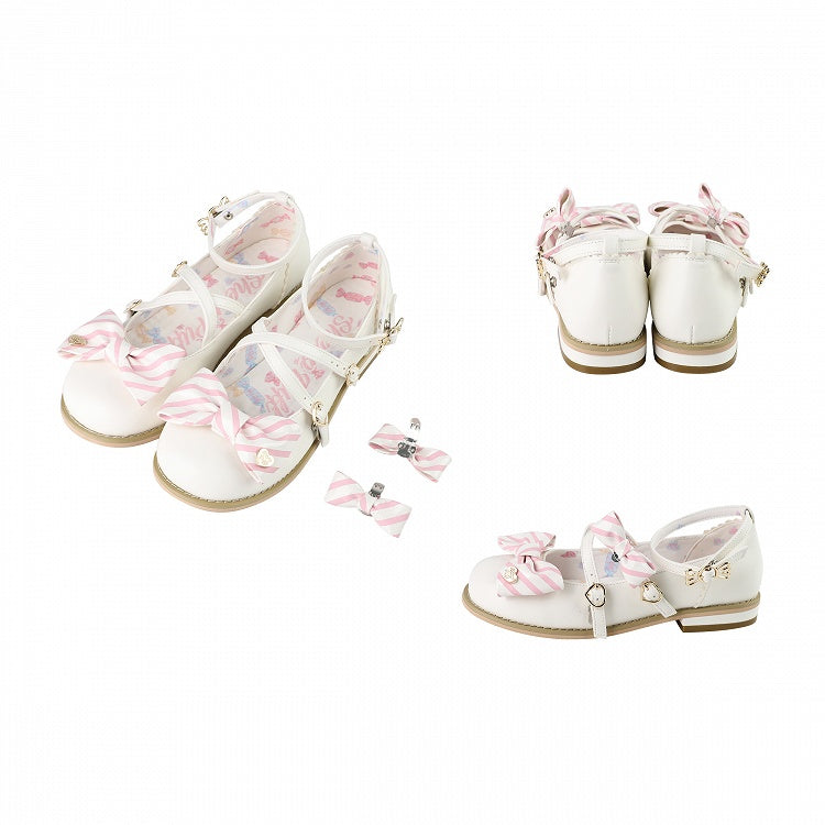 Striped Bow at Top White Sweet Round Toe Lolita Shoes Low Heels