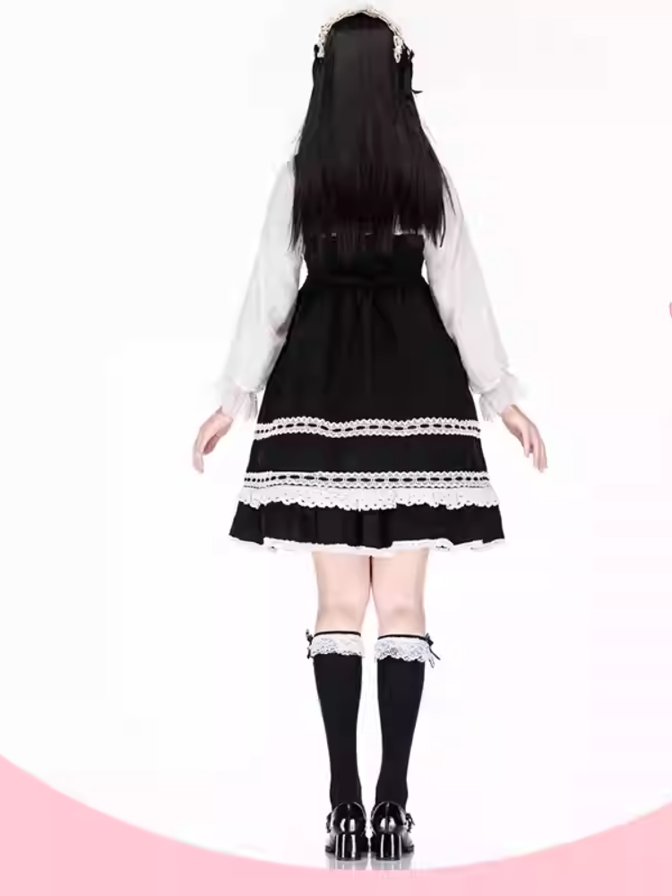 Black Ruffled Lace Cuff Printed Lolita Under Knee Stockings