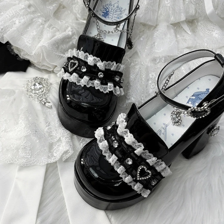 Dark Sweetheart Heels: Jirai Kei Polished Black Platforms with 12cm Block Heel & Rhinestone Chain