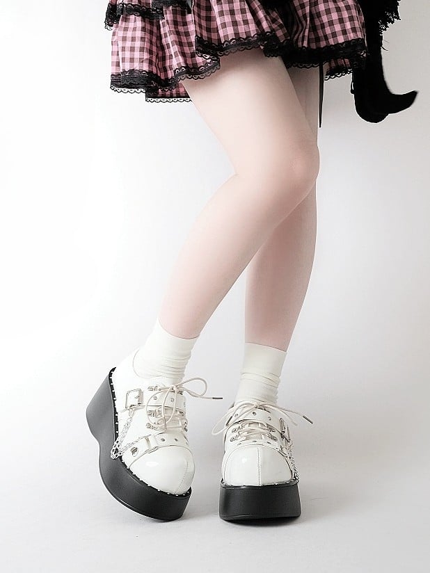 White Y2K Bittersweet Studs Details Chain Charm Front Lace-up Ties Platforms