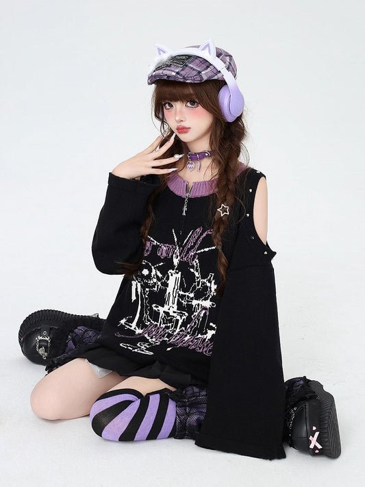 Black Punk Cutout Shoulder Distressed Sweater with Studs