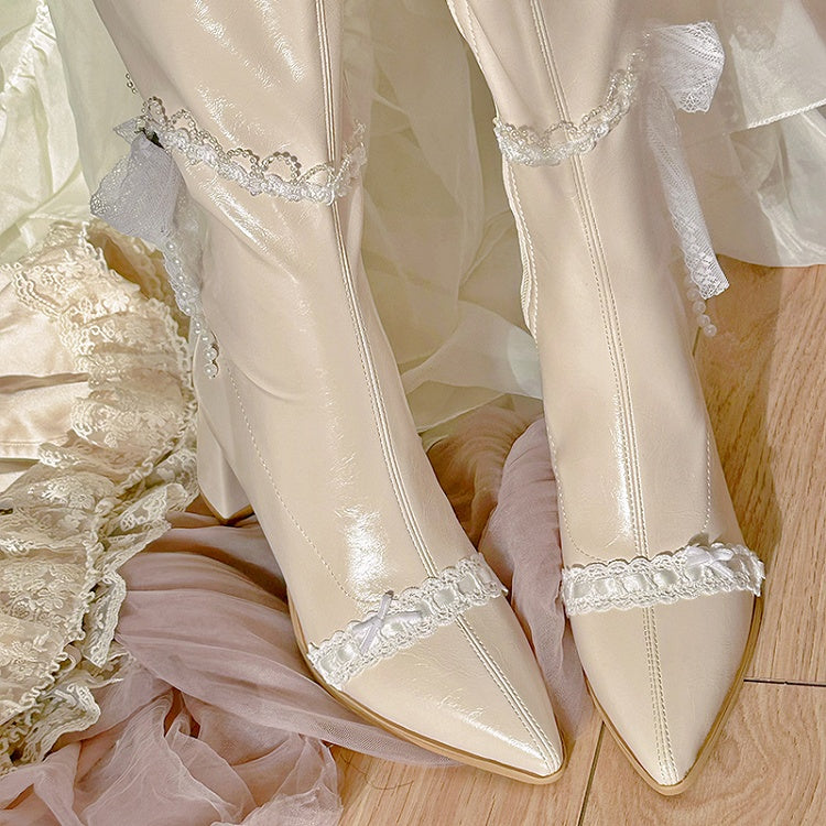 Beige Pointed Toe Lace and Beaded Chain 7CM Block Heel Knee-high Boots
