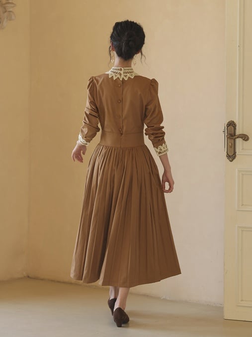Brown Vintage Banded Collar Long Puff Sleeves Dress