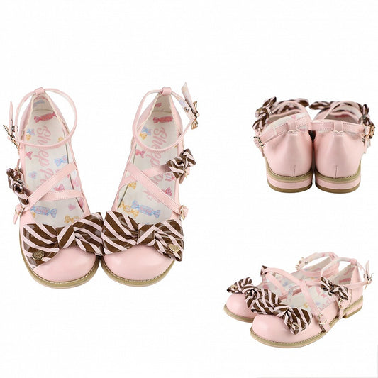 Pink&Brown Striped Pattern Bow at Top Crisscross Design Heart Buckles Lolita Shoes