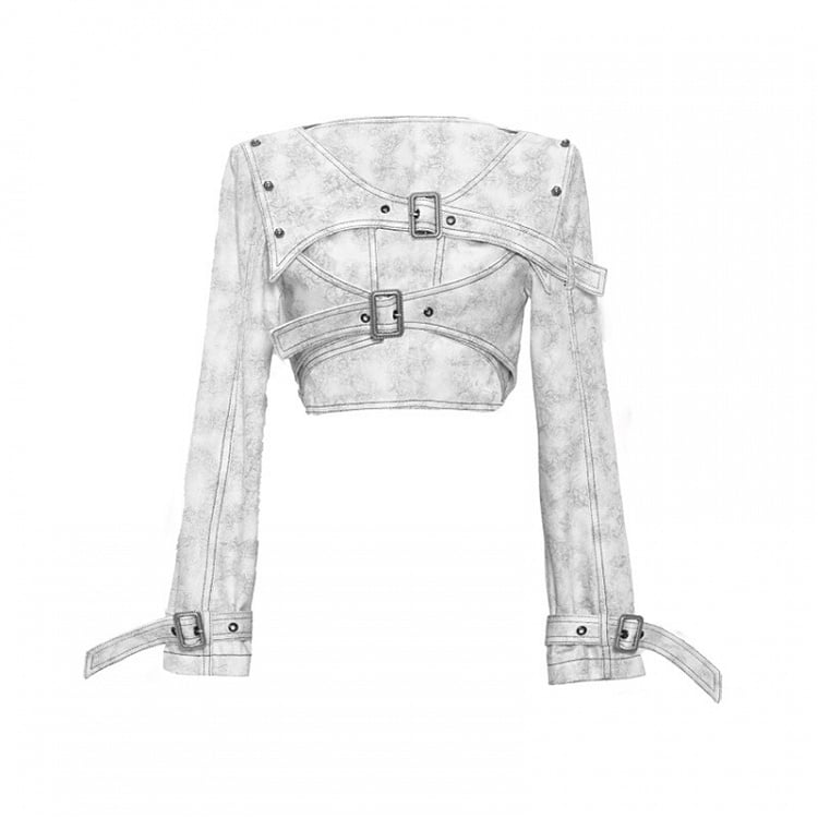 Grey Punk Buckle Closure Padded Shoulders Cropped Top