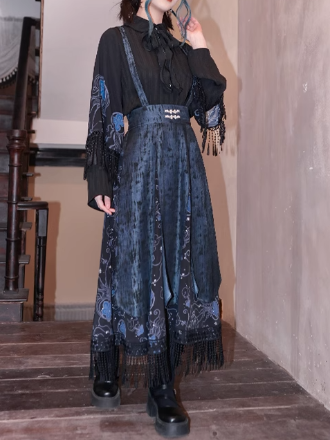 Blue Jellyfish Print Tassel Hem Black Cheongsam Style Skirt Overalls with Detachable Straps