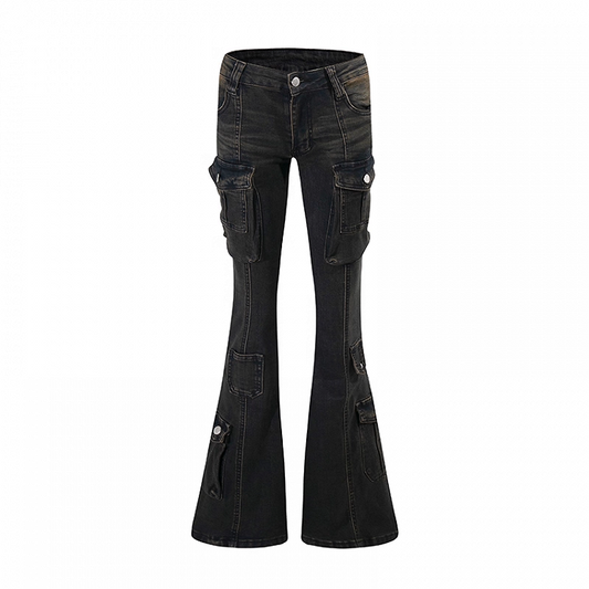 Black Low Rise Cargo Pockets Flared Jeans
