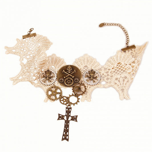 Steampunk Gears Cross Pendant Lace Choker