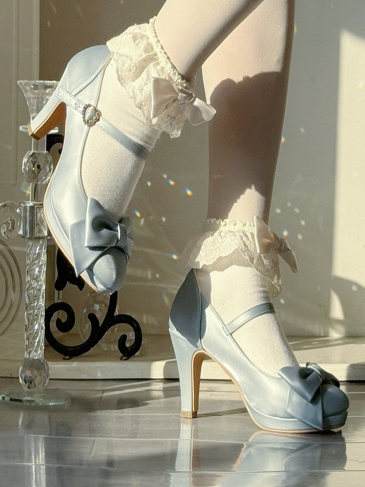 PU Blue Elegant Lolita Heels - Crystal Heart Buckle with Bow Accents