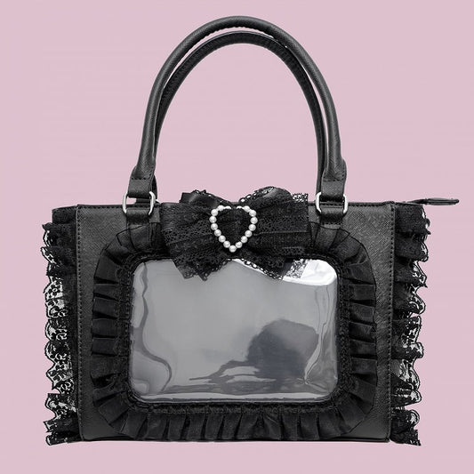 Jirai Kei Black Beaded Heart Decorated Bowknot Lace Trim Ita Bag with Free PVC Card Holder