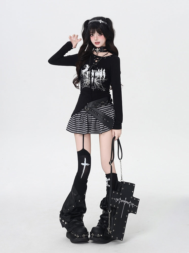 Spider Web Print Lace-up Neckline Asymmetrical Hem Black Top