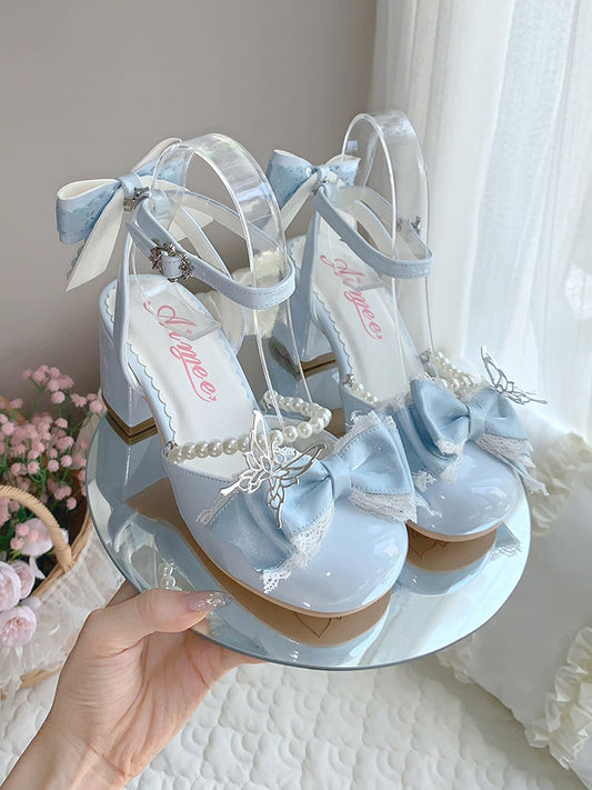 Bow Accents and Detachable Bead Chain Blue Sweet Lolita Mary Jane Shoes