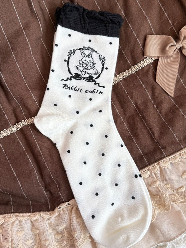 Mint Green/Pink/Black/Brown Lolita Bunny Print Polka-dot Pattern Ruffled Calf Stock