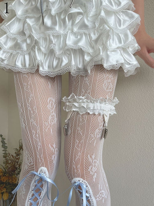 Blue Lace-up Detail Floral Pattern Hollow-out Tights