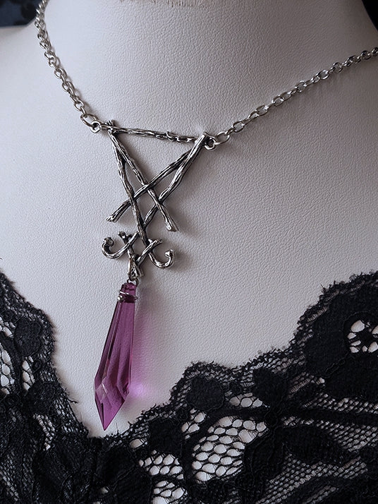 Y2K Purple Rhinestone Pendant Gothic Silver Necklace