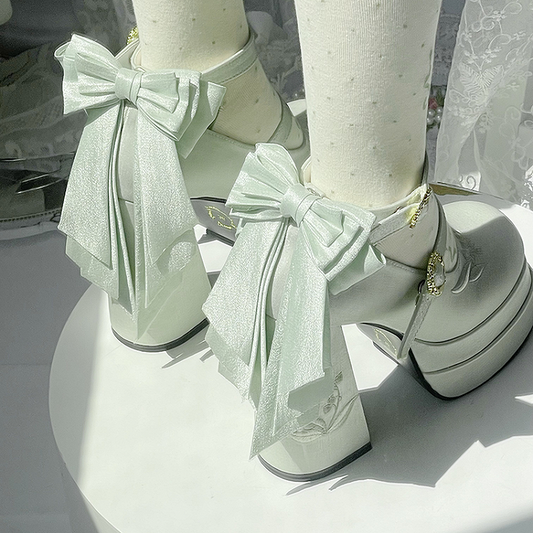 Light Green Detachable Bowknot Lily of the Valley Embroidery High Block Heel Platform Mary Janes