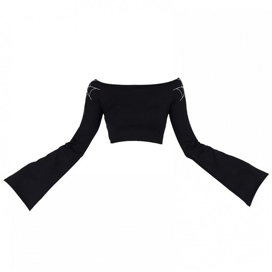 Gothic Black Spiderweb Embroidery Bell Sleeves Cropped Top