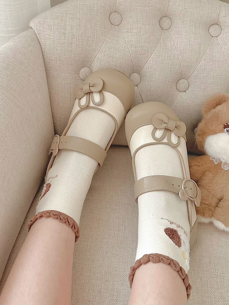 Khaki Bunny Ear Bowknot Decorated Bear Buckle Flats