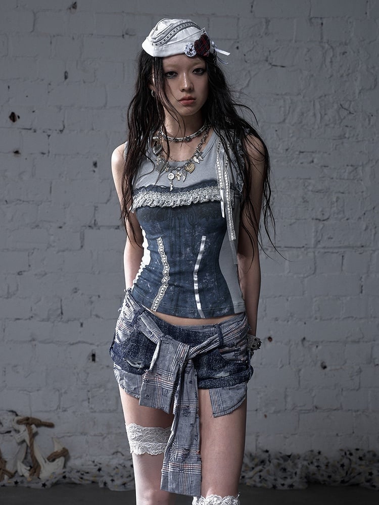 Y2K Blue Low Waist Distressed Holes Punk Bodycon Shorts with Detachable Sleeves