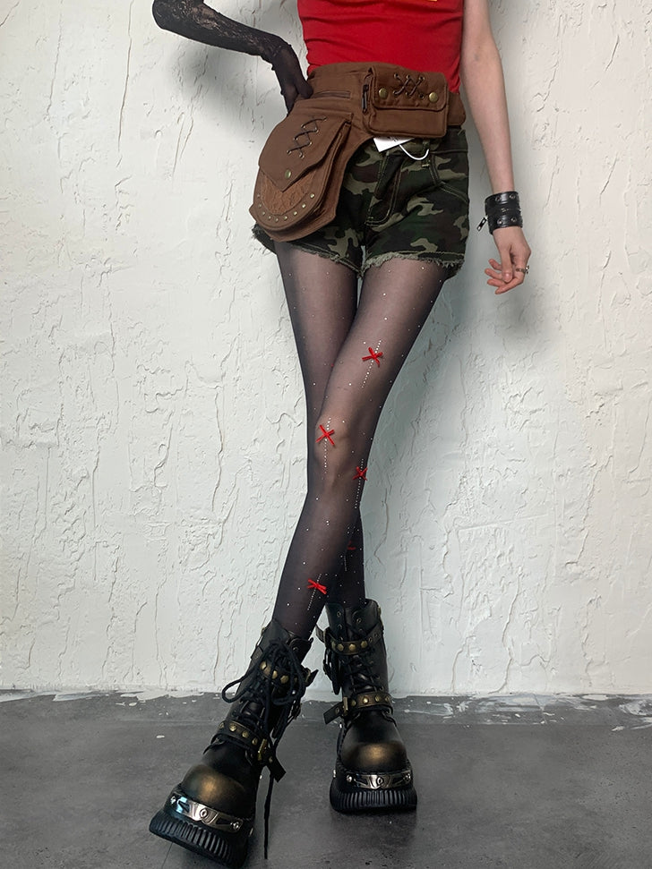 Black Y2K Bowknot Details Polka-dot Pattern Tights