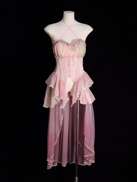 Light Pink Fairy Oil Painting Print Tiered Flounce Hem Halter Boned Corset Top