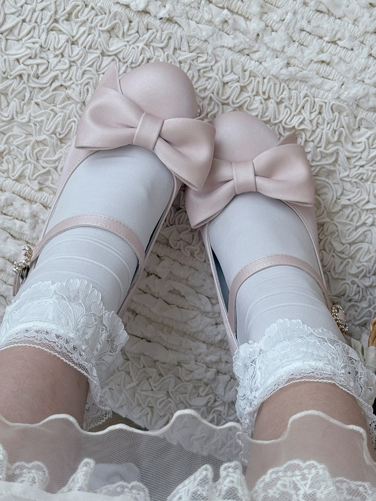 High-heel Sakura Pink PU Leather Shoes - Rhinestone Heart Closure & Delicate Bow Design