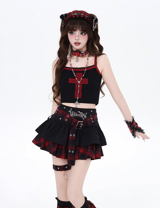 Y2K Black and Red Plaid Buckle Belt Design Lined Tiered Skirt with Cross Garter
