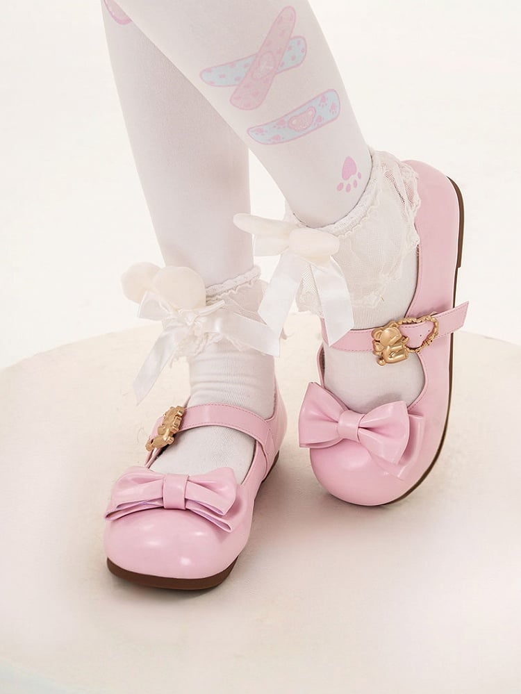 Pink Bow at Top Sweet Lolita Flats with Hugging Bear Heart Buckles