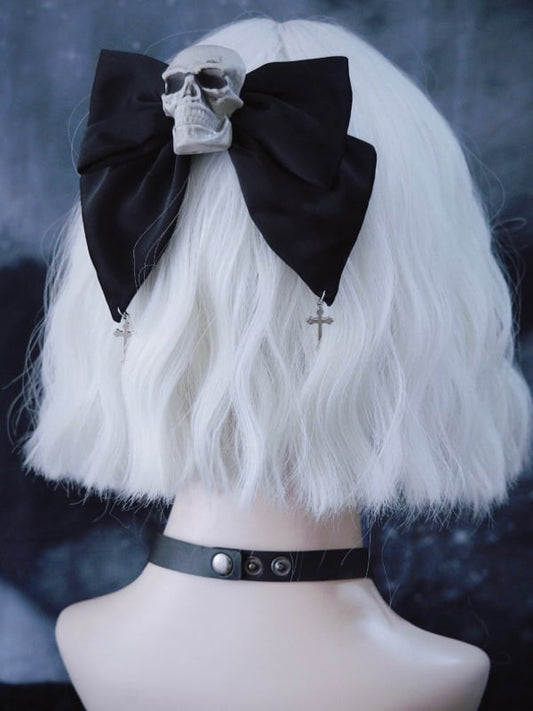 Cross Charm Gothic Black Skull Big Bow Hairclip