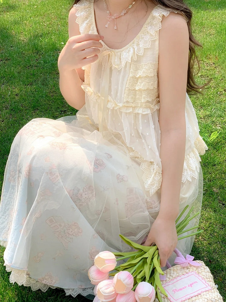 Beige Elastic Waist Cute Cartoon Print Skirt with Mesh Overlay