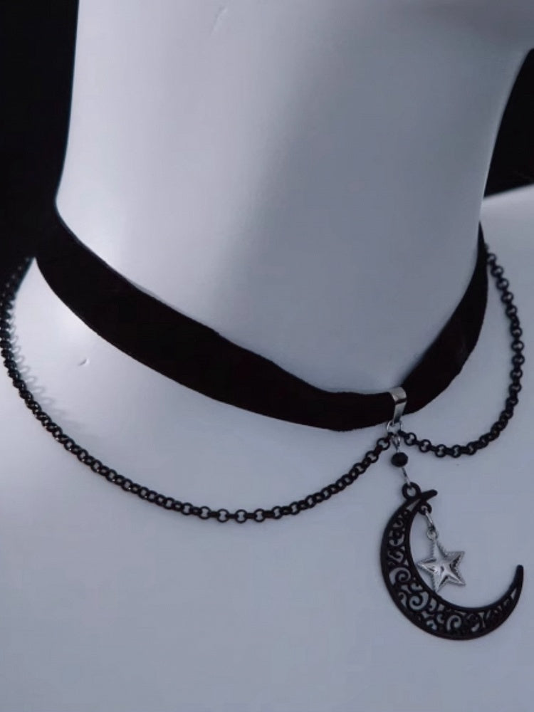 Gothic Moon and Star Pendant Black Velvet Choker with Chains