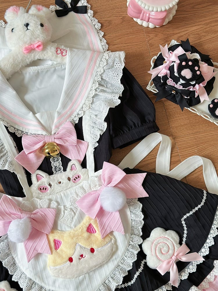 Black and Pink Sailor Collar Sweet Kitty Maid Lolita Dress with Heart Apron