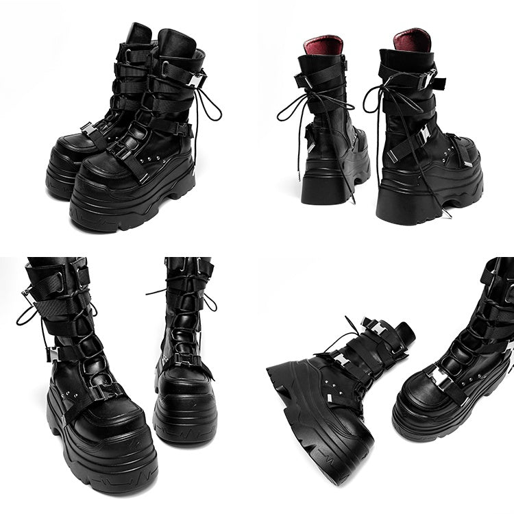 Matte Black Punk Stud Bandage Design Lace-up Details Platform Boots