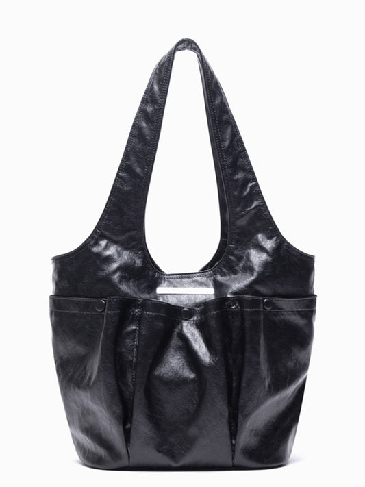 Black Large Capacity Single-Shoulder Tote Bag With Triple Pocket Design