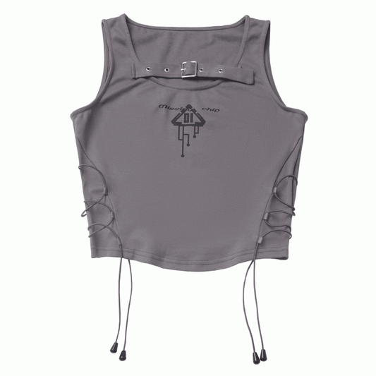 Buckle Strap Neckline Lace-up Side Gray Techwear Tank Top