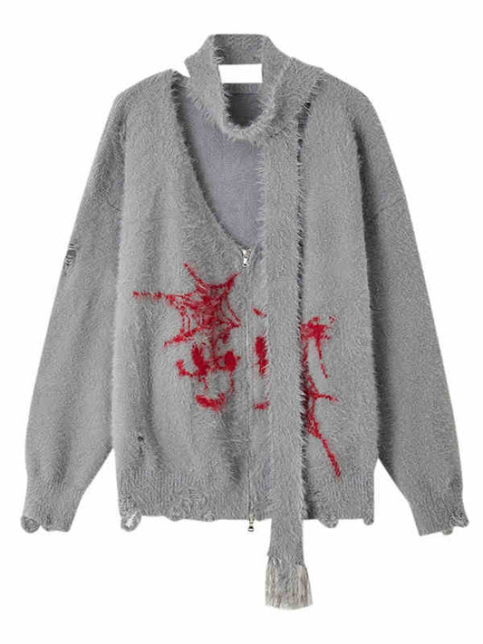 Punk Spiderwebs Gray V-neck Distressed Holes Loose Zip Cardigan with Scarf