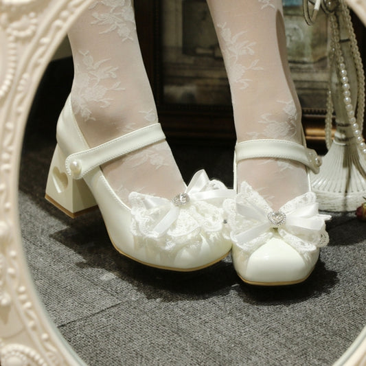 Heart-shaped Hollowed Heel White Elegant Mary Janes with Lace Bowknot Clips